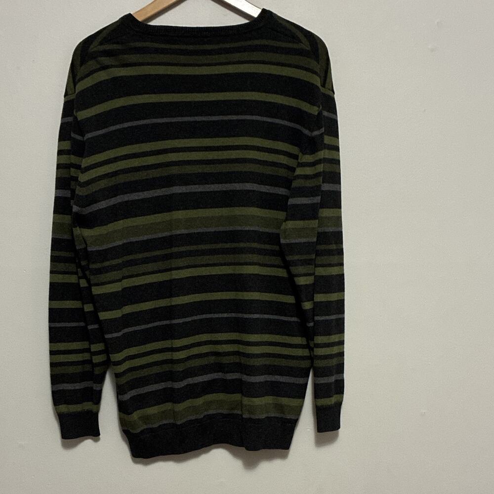 Claiborne Men's XL Green Black Gray Striped V-Neck Cotton Knit Pullover - Picture 4 of 5